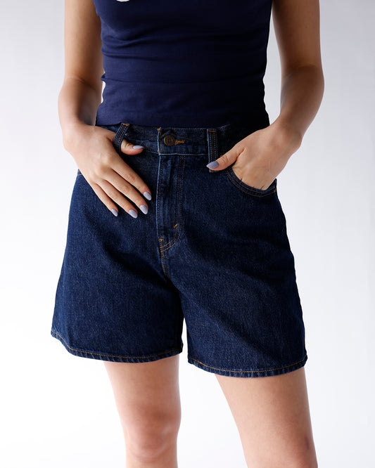 dark wash high rise baggy denim shorts levis high rise baggy denim shorts in dark wash remember together