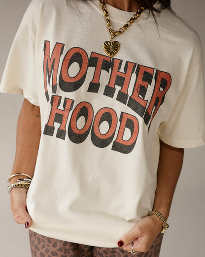 Cream vintage graphic tee with MOTHERHOOD print in red and black bold lettering