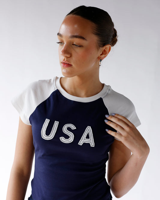 usa navy and white short sleeve raglan baby tee