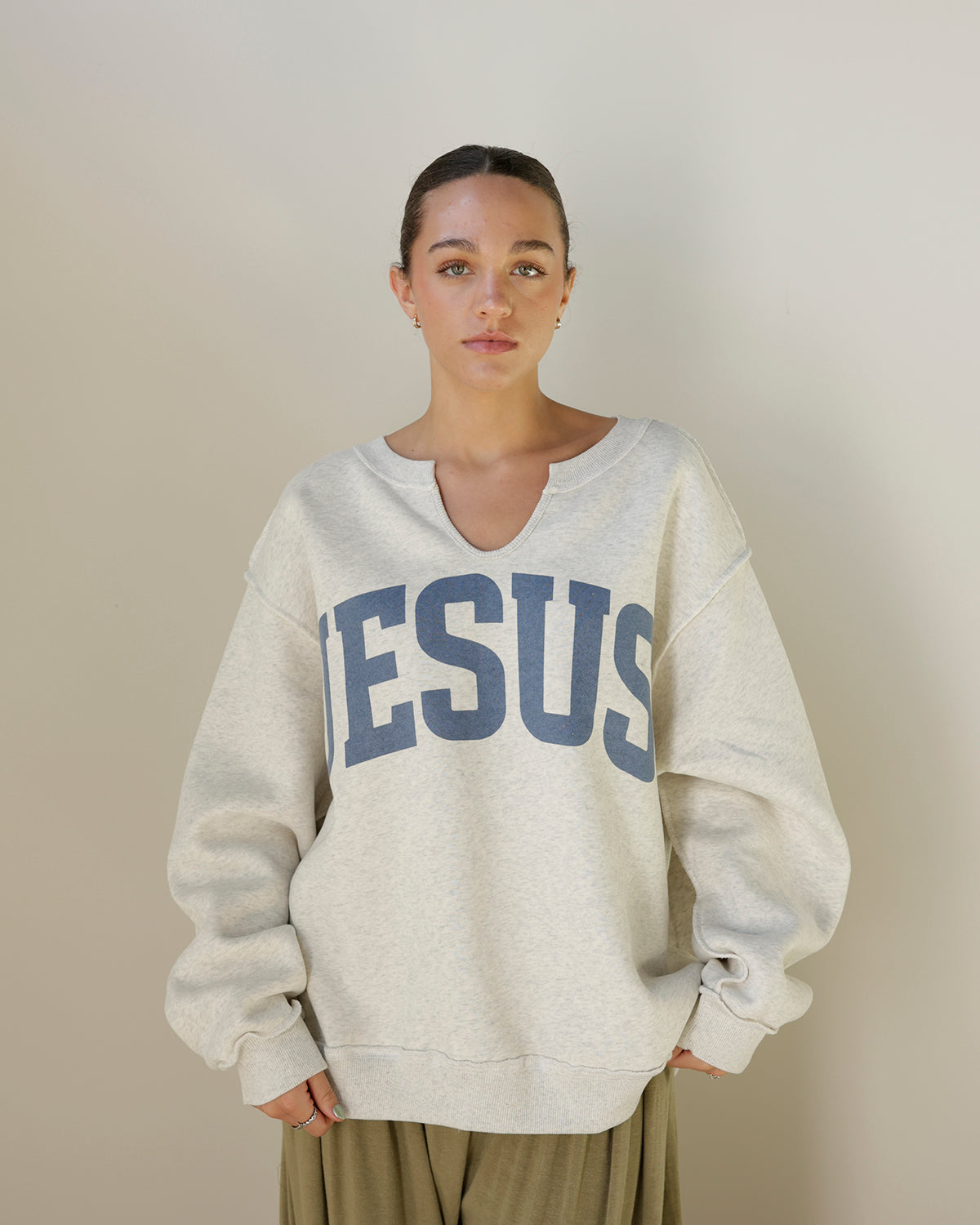 JESUS + GOD IS GOOD SPLIT NECK REVERSIBLE SWEATSHIRT