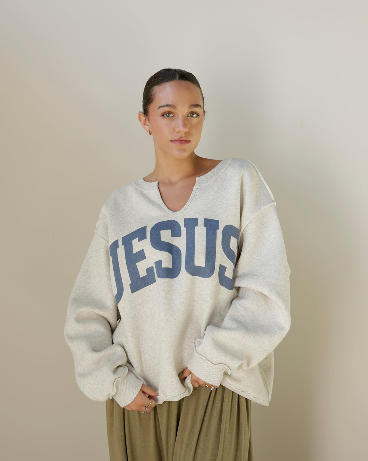 JESUS + GOD IS GOOD SPLIT NECK REVERSIBLE SWEATSHIRT