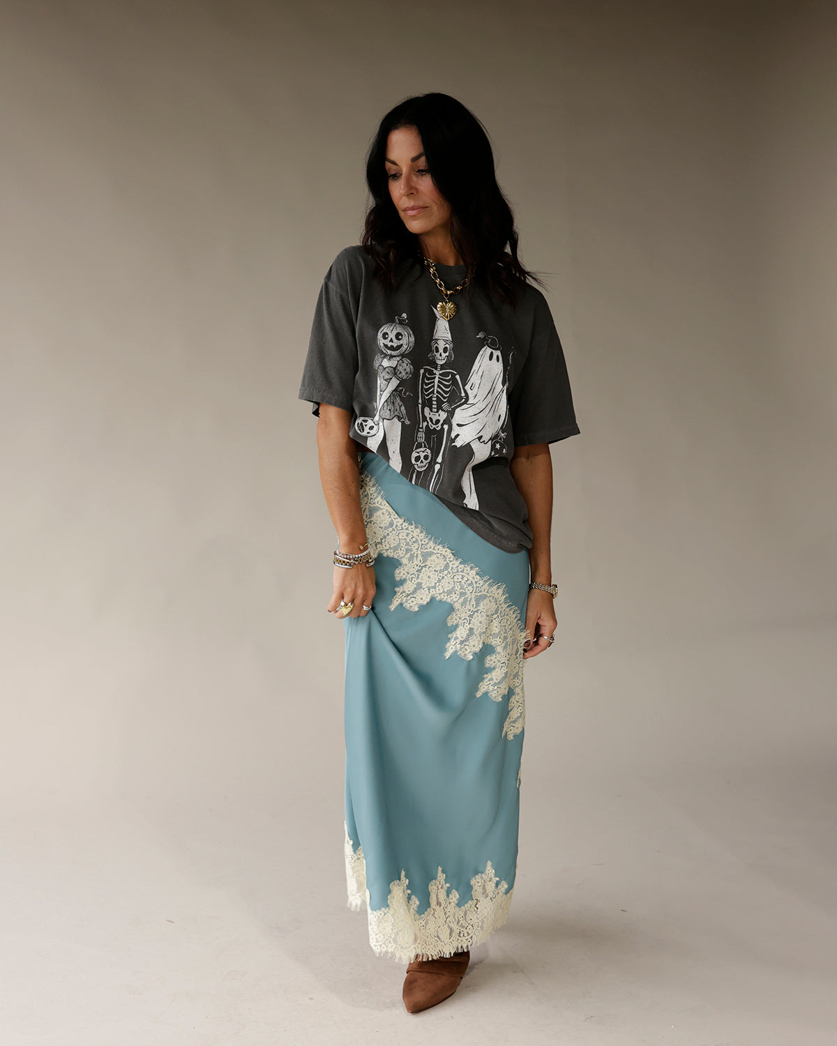 Charcoal gray oversized Halloween graphic tee with skeleton and ghost print