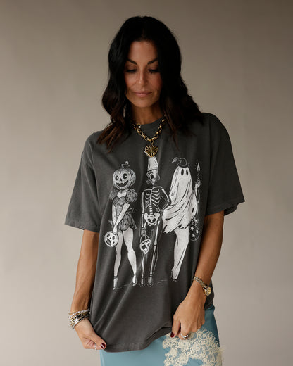 Charcoal gray oversized Halloween graphic tee with pumpkin skeleton ghost pin-up print