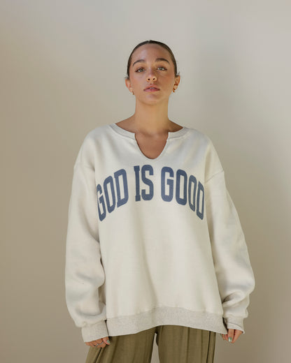 JESUS + GOD IS GOOD SPLIT NECK REVERSIBLE SWEATSHIRT