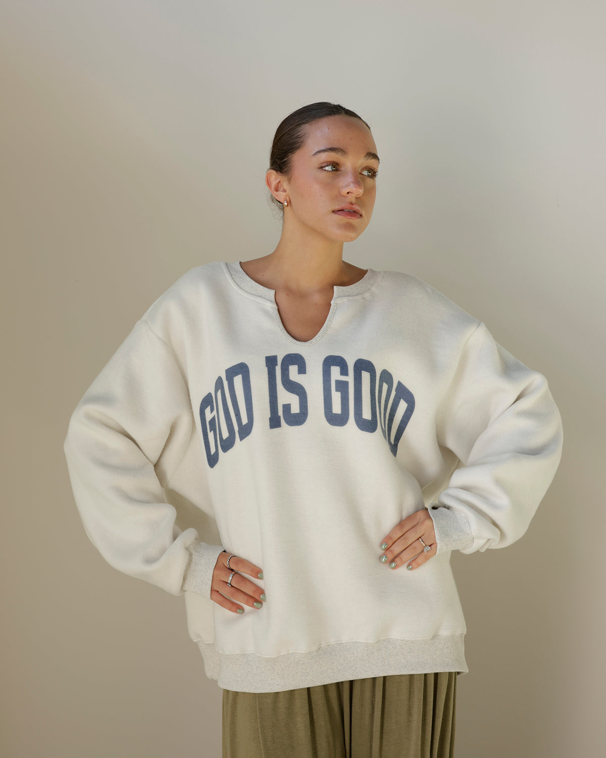 JESUS + GOD IS GOOD SPLIT NECK REVERSIBLE SWEATSHIRT