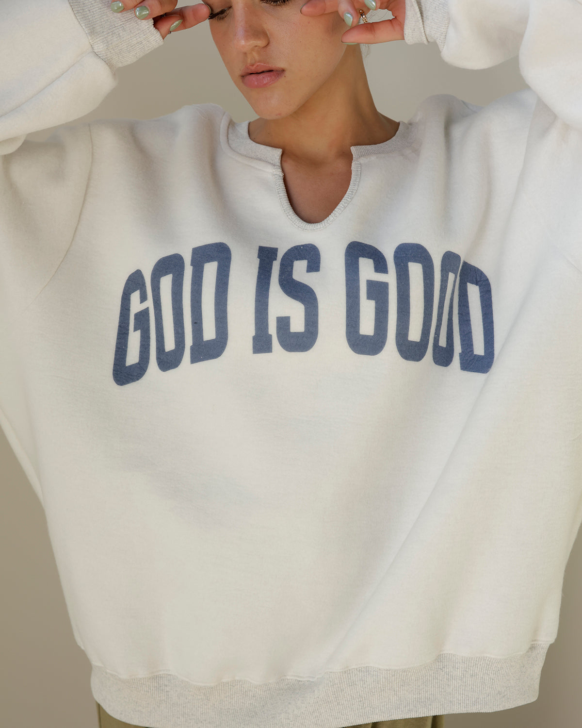 JESUS + GOD IS GOOD SPLIT NECK REVERSIBLE SWEATSHIRT