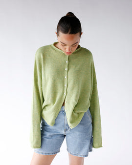 light green button front long sleeve lightweight cardigan sweater