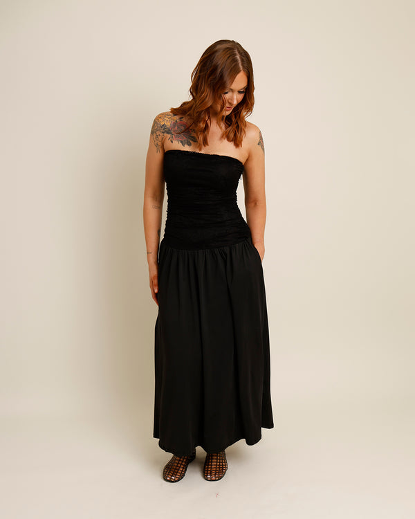 black strapless lace midi dress 