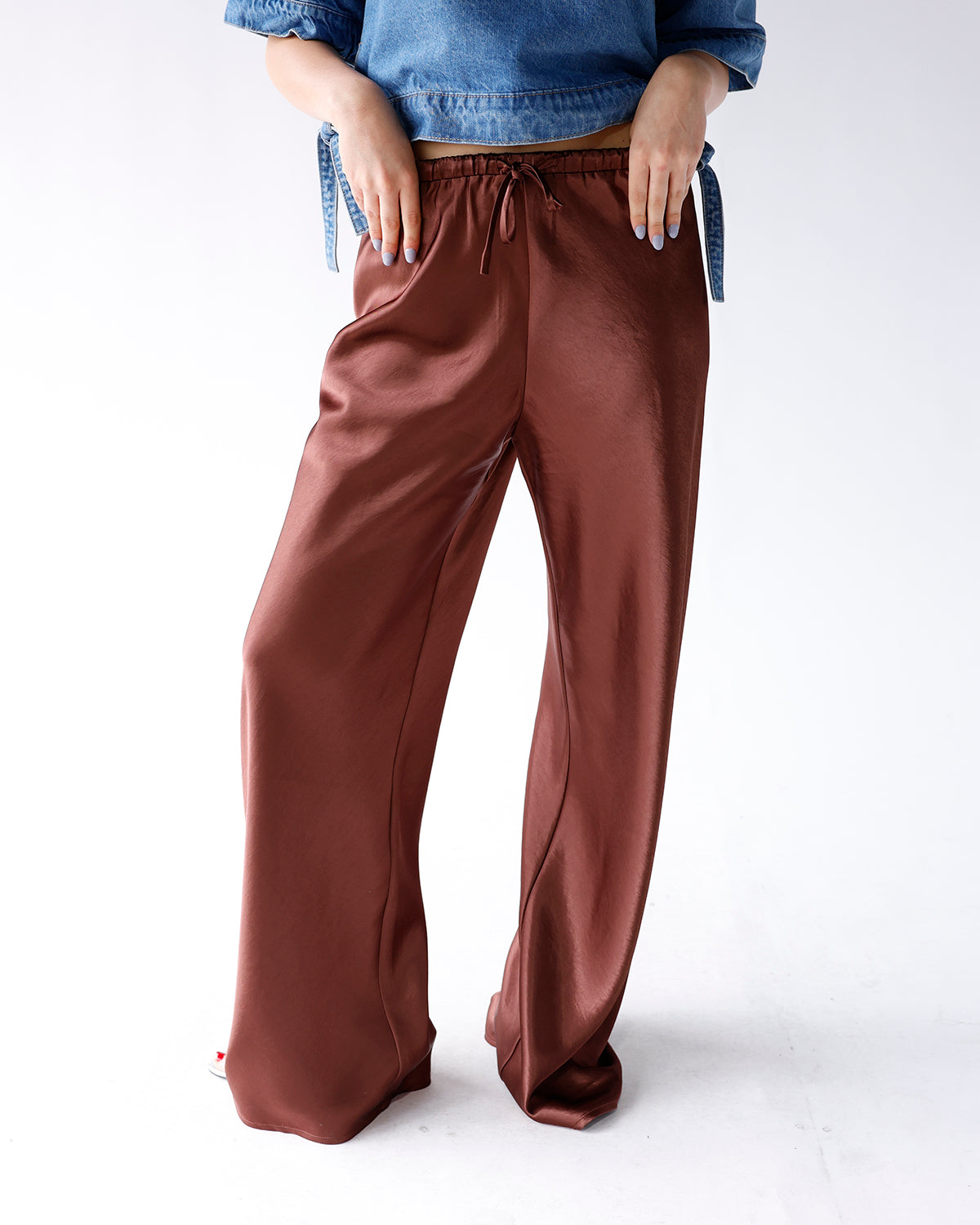 HIP CHOCOLATE SATIN WIDE LEG PANTS
