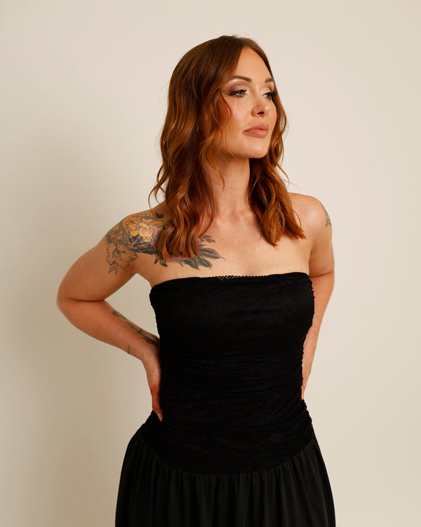 NIA SANTAL DROP WAIST MIDI DRESS X BLACK