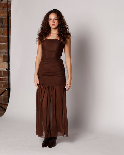 NIA NOLA SHIRRED STRAPLESS MESH MAXI DRESS