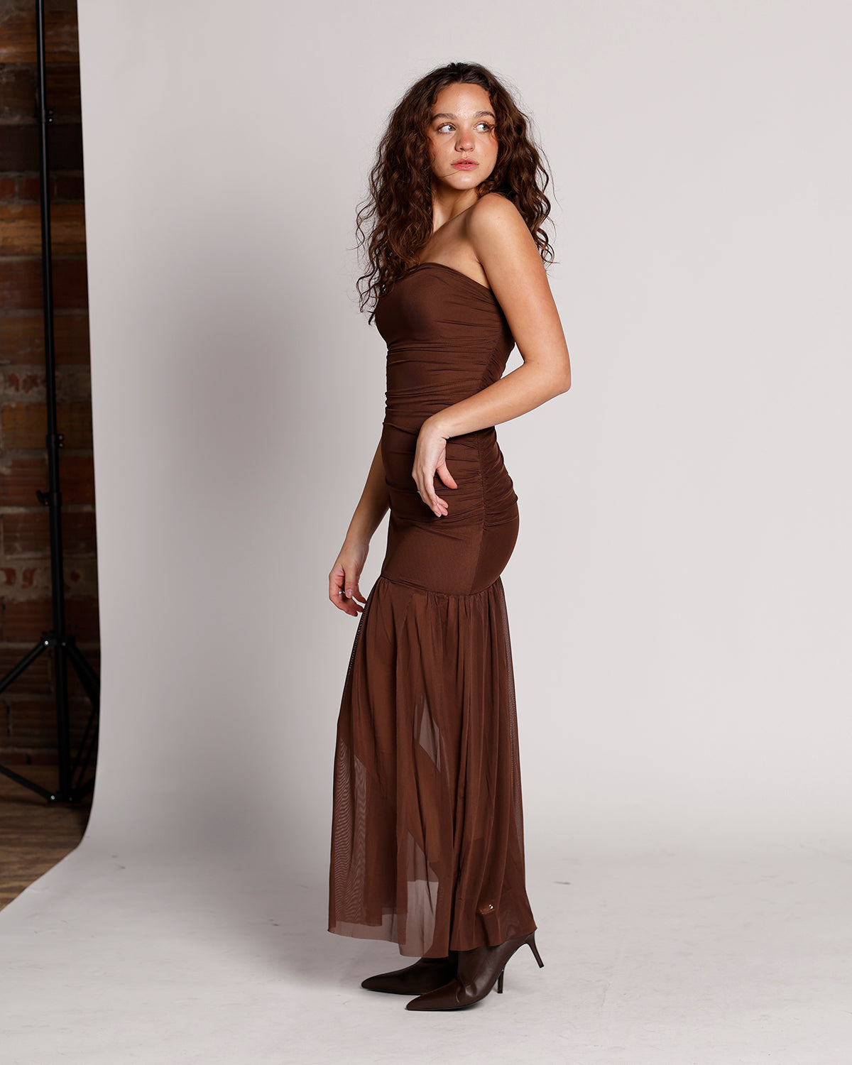 NIA NOLA SHIRRED STRAPLESS MESH MAXI DRESS