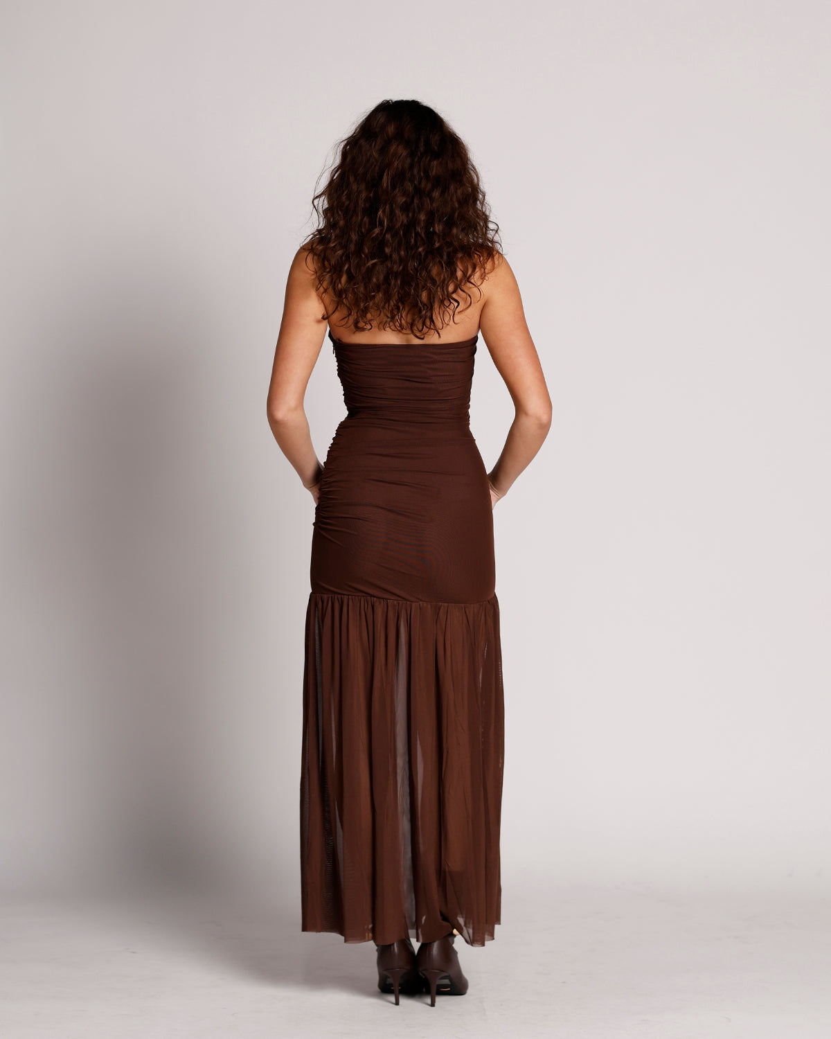NIA NOLA SHIRRED STRAPLESS MESH MAXI DRESS