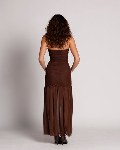NIA NOLA SHIRRED STRAPLESS MESH MAXI DRESS