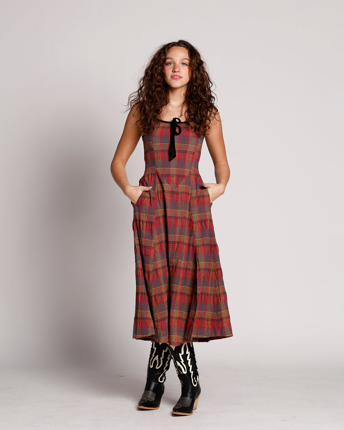FREE PEOPLE FREYA PLAID MIDI DRESS IN CHERRY COMBO