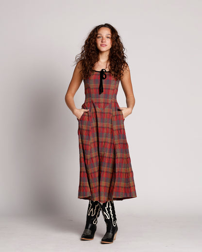 FREE PEOPLE FREYA PLAID MIDI DRESS IN CHERRY COMBO