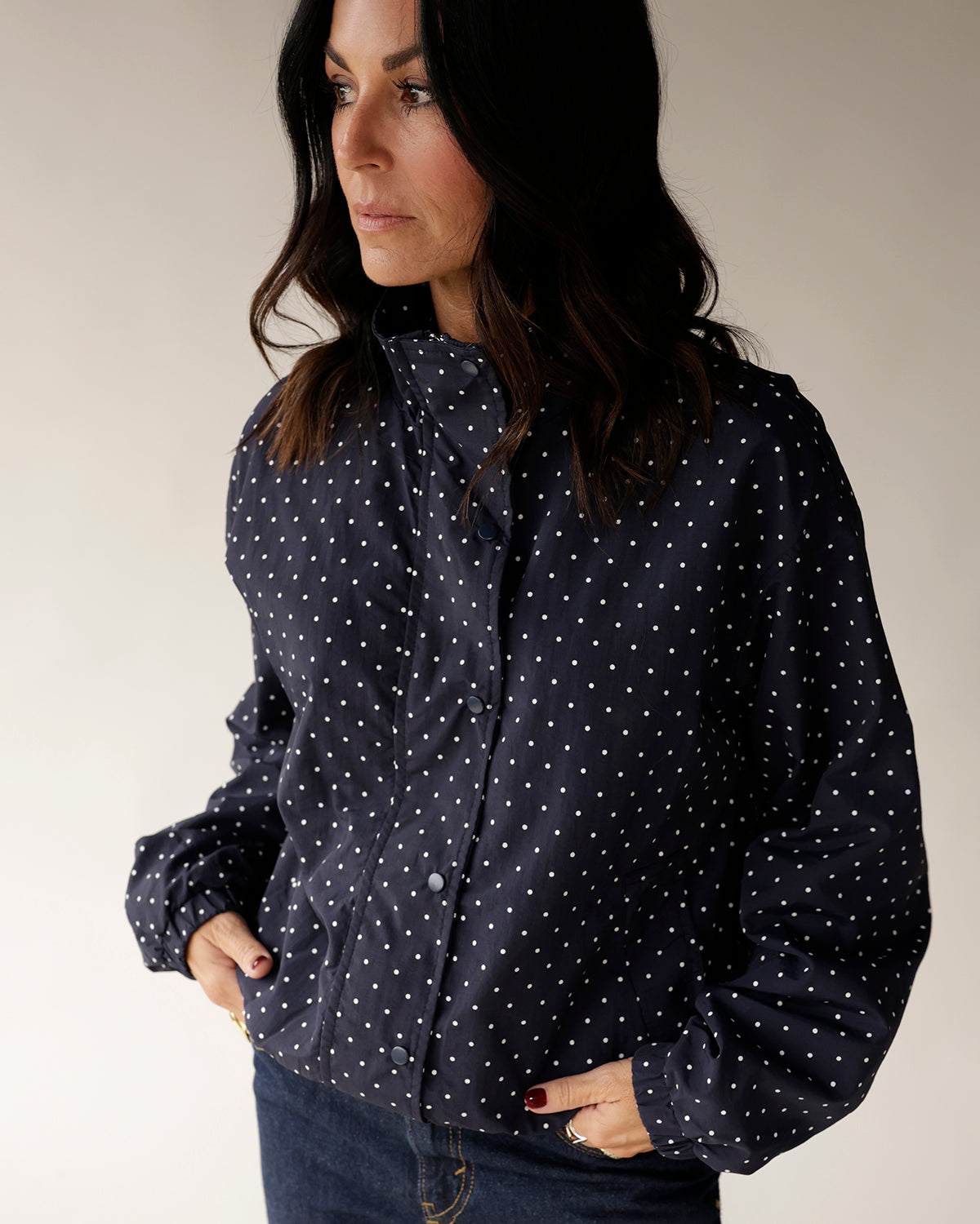 wind breaker poka dot jacket lightweight fall jacket coat coffee run morning drop off easy fall jacket 