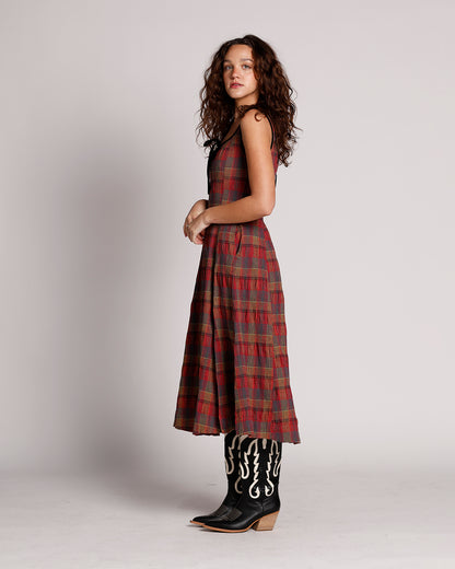 FREE PEOPLE FREYA PLAID MIDI DRESS IN CHERRY COMBO