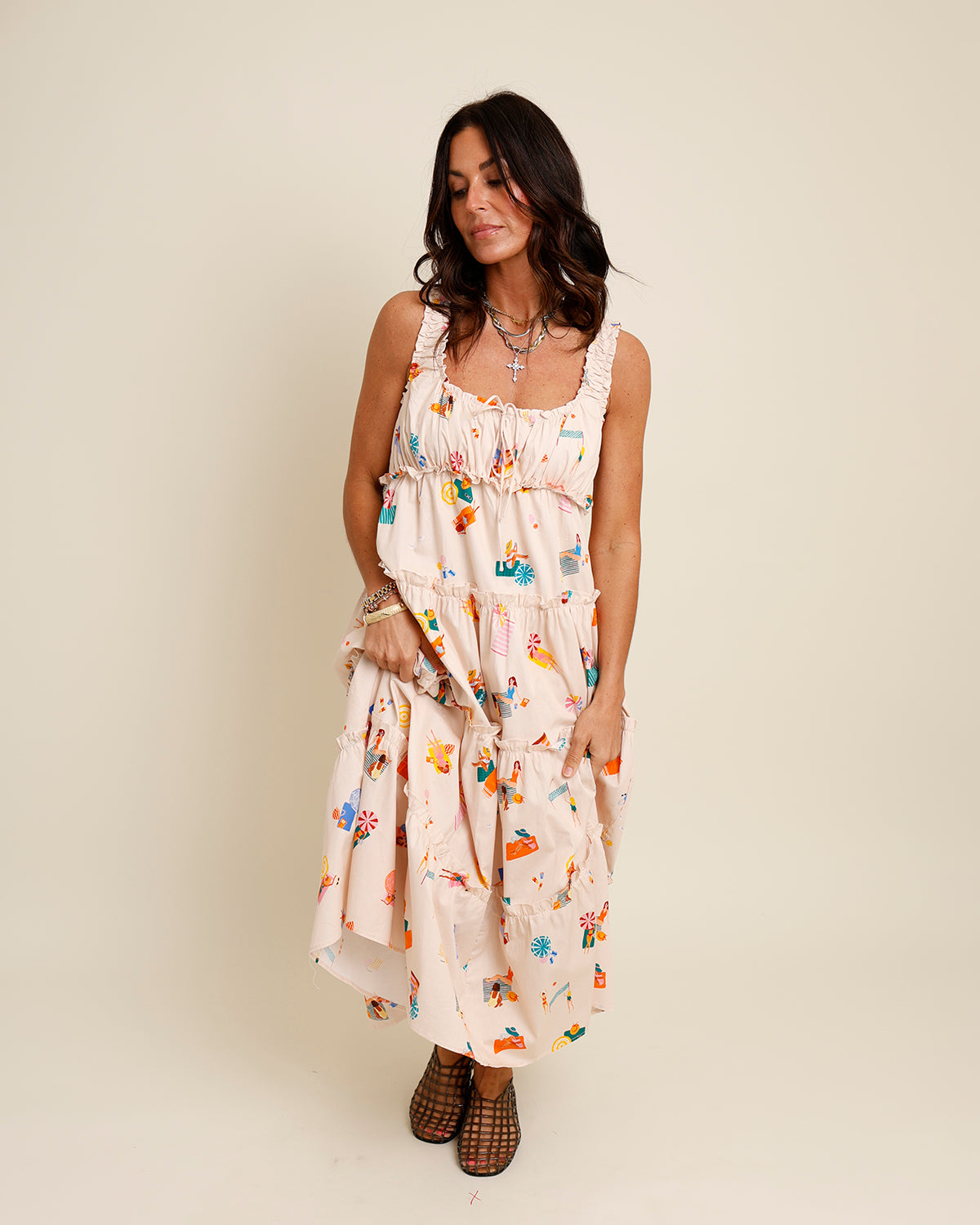 light pink beachy print midi dress 