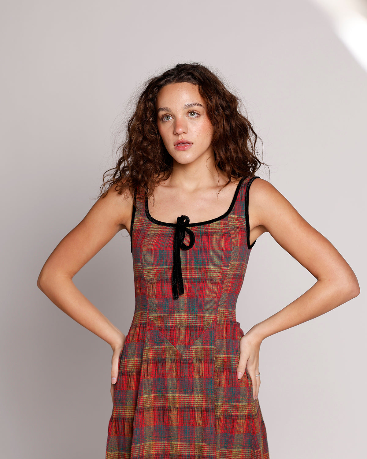 FREE PEOPLE FREYA PLAID MIDI DRESS IN CHERRY COMBO