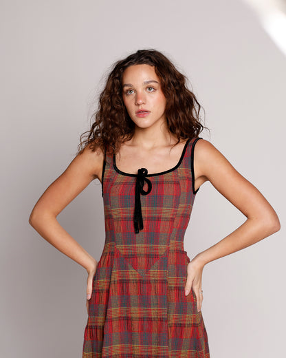 FREE PEOPLE FREYA PLAID MIDI DRESS IN CHERRY COMBO