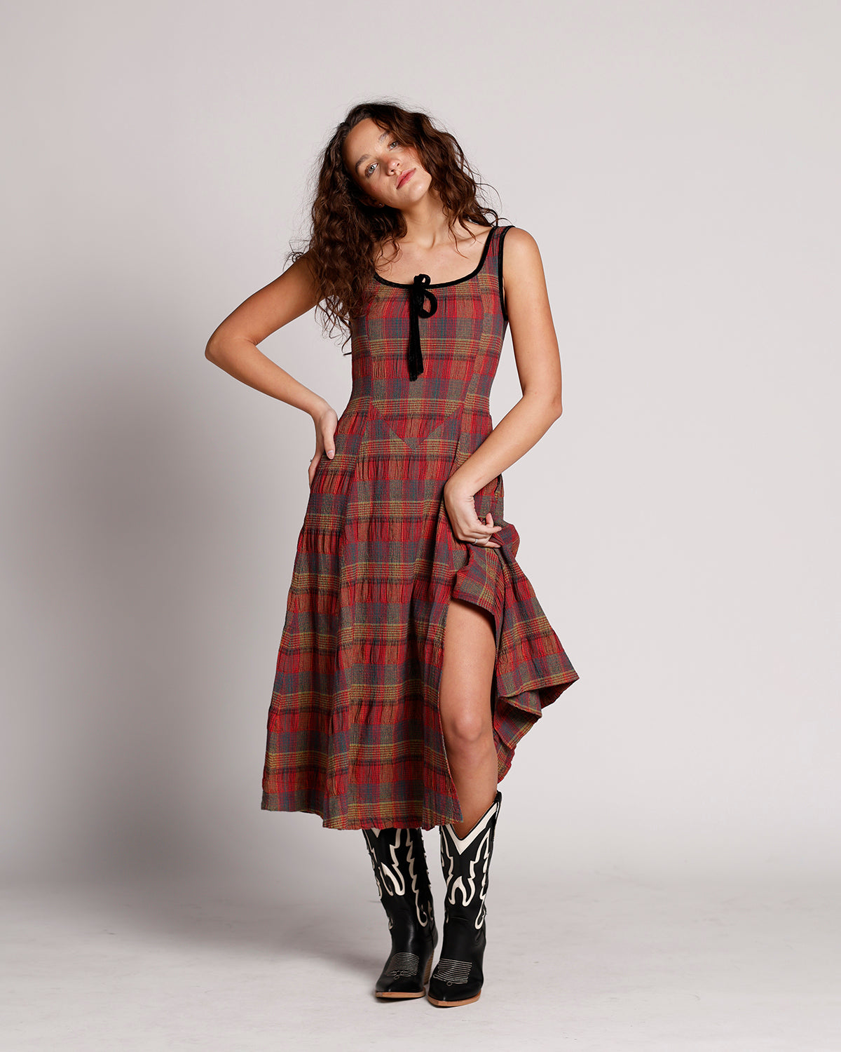 FREE PEOPLE FREYA PLAID MIDI DRESS IN CHERRY COMBO