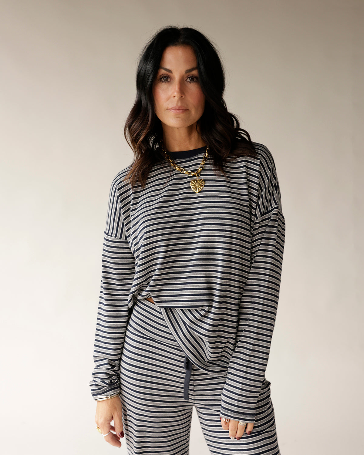 COZY COOL MORNINGS STRIPED LONG SLEEVED TOP X NAVY
