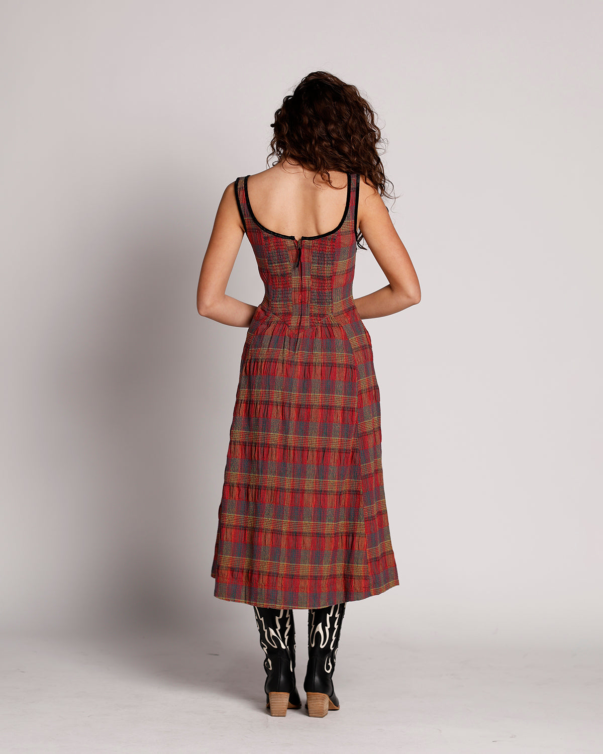 FREE PEOPLE FREYA PLAID MIDI DRESS IN CHERRY COMBO