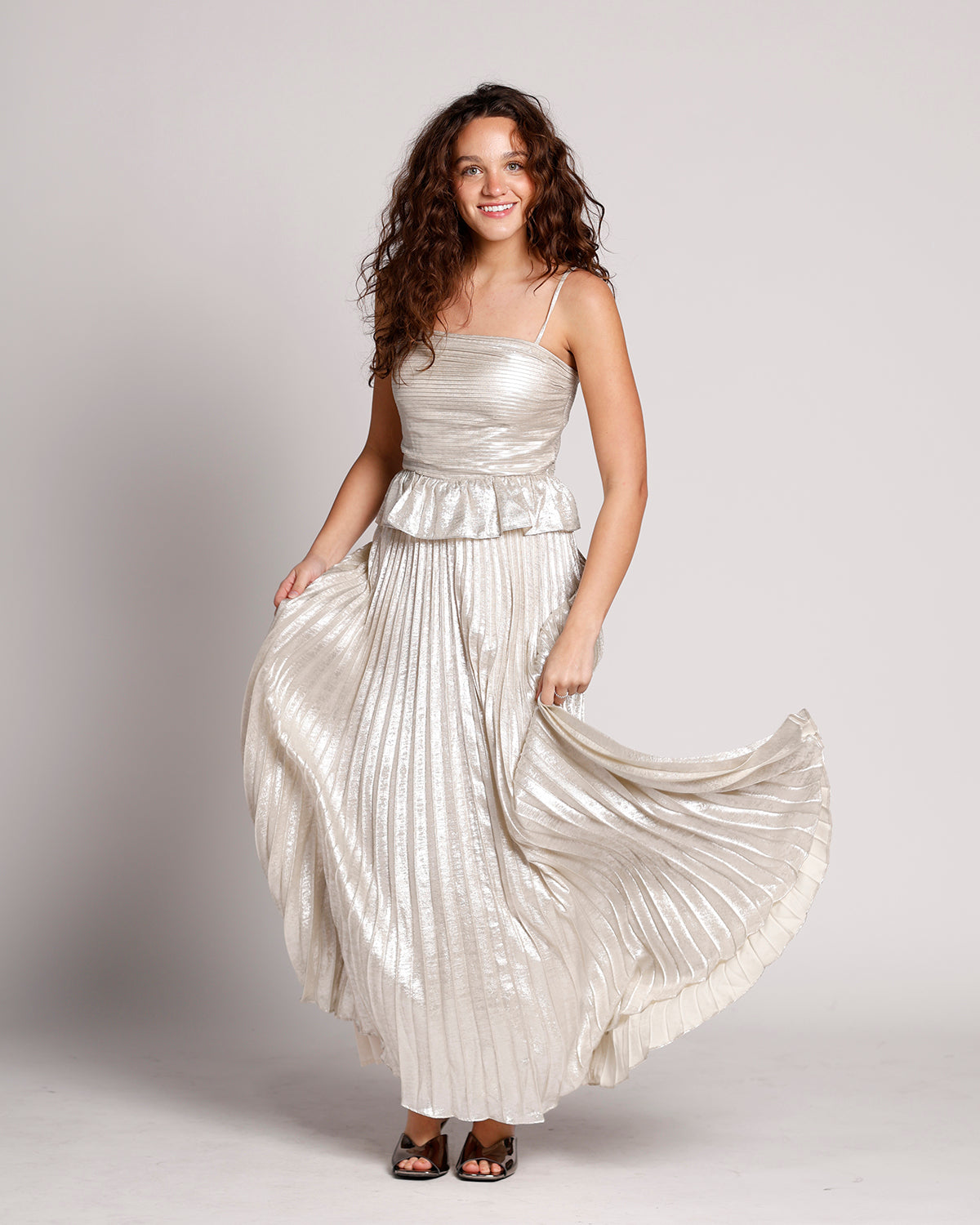LUNAR GLOW PEPLUM PLEATED MAXI DRESS