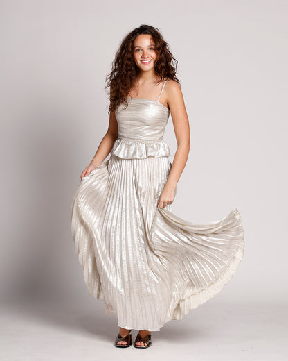 LUNAR GLOW PEPLUM PLEATED MAXI DRESS