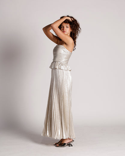 LUNAR GLOW PEPLUM PLEATED MAXI DRESS