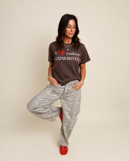 FREE PEOPLE GOOD LUCK SNAKE PRINT BARREL JEANS
