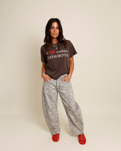 FREE PEOPLE GOOD LUCK SNAKE PRINT BARREL JEANS