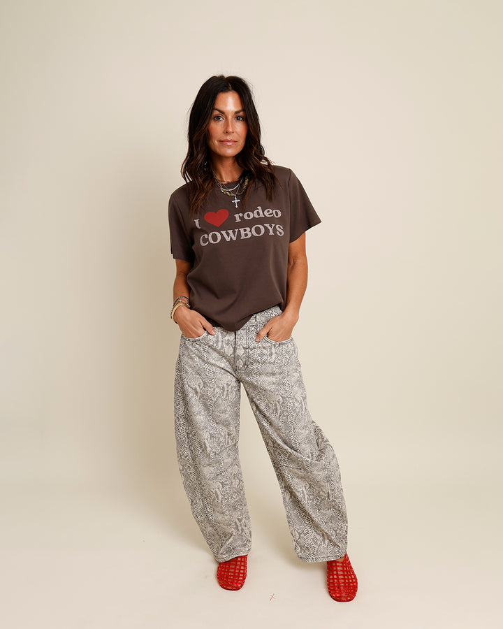 FREE PEOPLE GOOD LUCK SNAKE PRINT BARREL JEANS