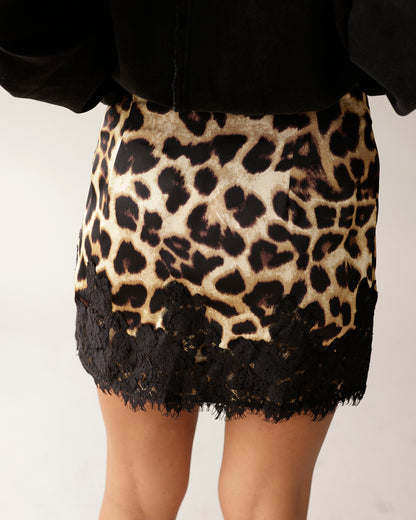 ELEVATOR DISCO CHARLOTTE LEOPARD LACE HEM MINI SKIRT