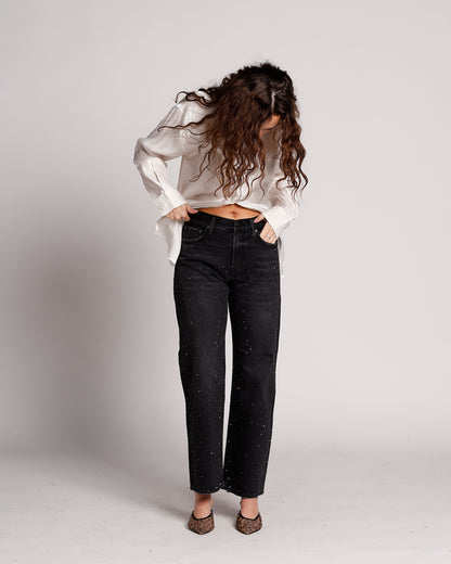 PISTOLA LEXI MID RISE BOWED STRAIGHT JEAN IN SILVER SCREEN