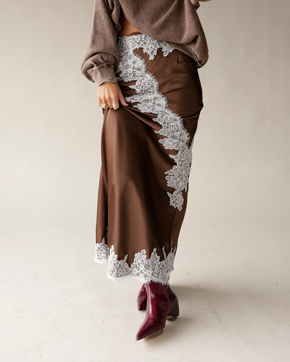 SOFIE THE LABEL VINTAGE VICE LACE MIDI SKIRT X BROWN