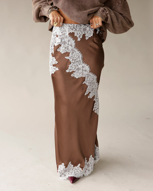 lace satin skirt brown satin skirt date night outfit  girls night church outfit concert outfit lace trim skirt fall skirts 