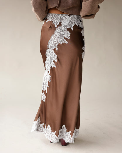 SOFIE THE LABEL VINTAGE VICE LACE MIDI SKIRT X BROWN