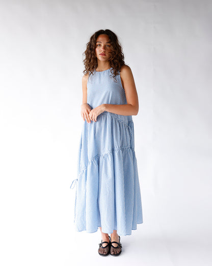 blue gingham print sleeveless tiered asymmetrical skirt maxi dress