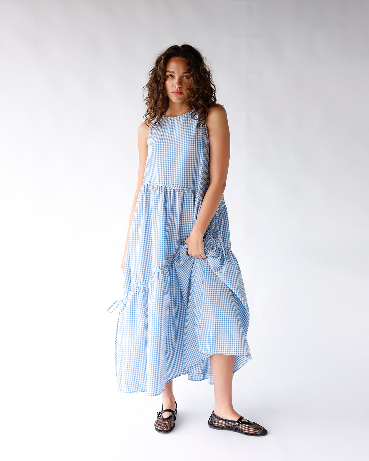 gingham tiered maxi dress Lakeside Dress, Blue Print, Sleeveless, Asymmetrical Tier large Brand_Ashley Lauren Kids Princess Diana's Ball Gowns stretchy fabric Front length Colour:navy