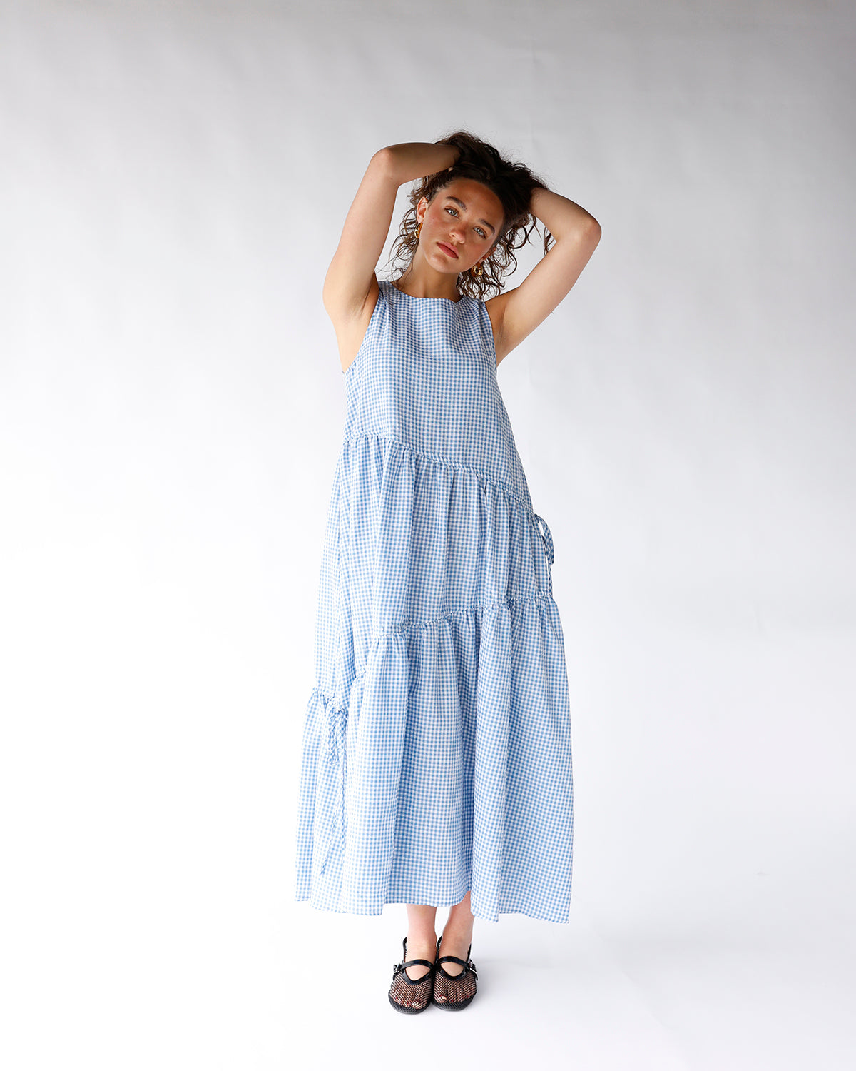 Blue and white gingham tiered sleeveless maxi dress with ruffle hem details