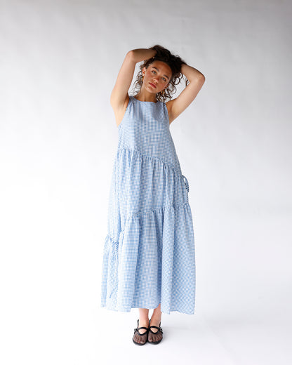 Blue and white gingham tiered sleeveless maxi dress with ruffle hem details