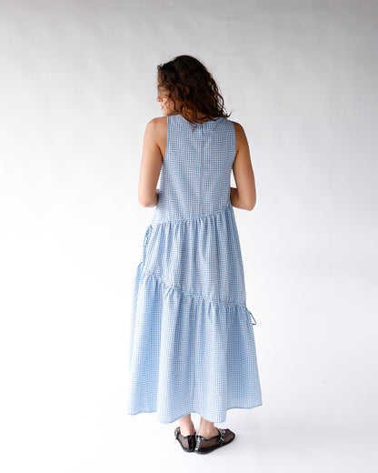 Blue white gingham sleeveless tiered maxi dress, back view, midi length