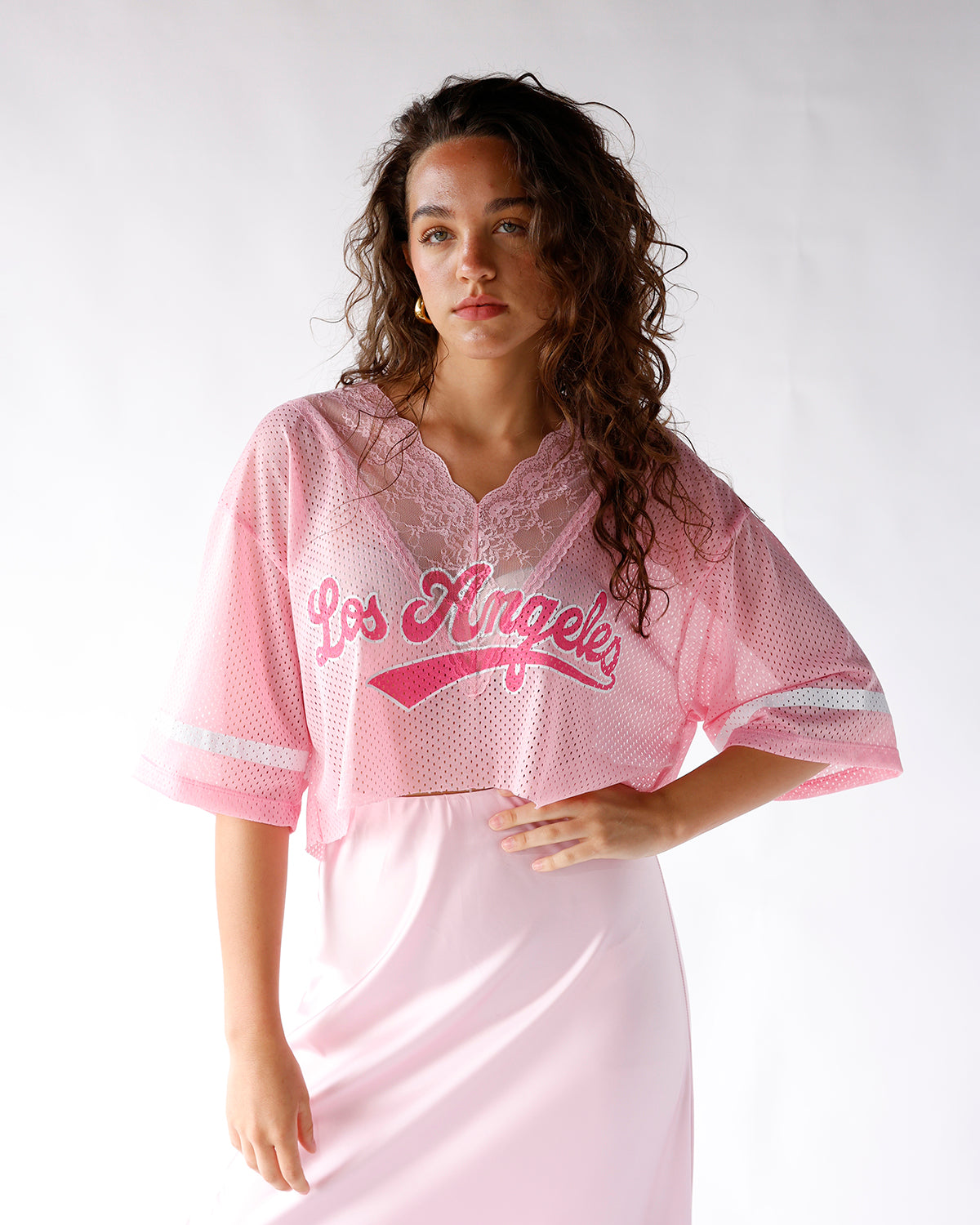 pink los angeles lace v-neck short sleeve jersey