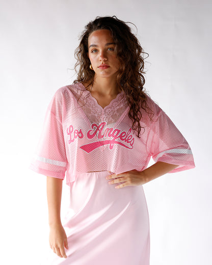 pink los angeles lace v-neck short sleeve jersey