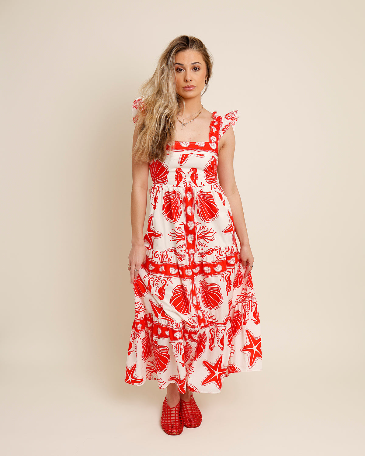 red and white mid beach print dress