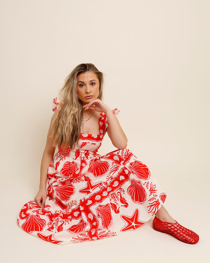 ISLA RUFFLE SLEEVE TIERED MIDI DRESS
