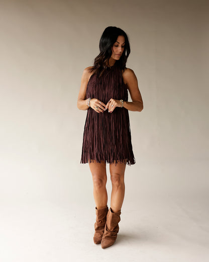 ALL THE RAGE CHOCOLATE FRINGE MINI DRESS