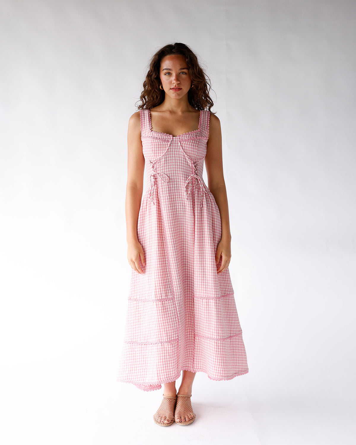 pink and white gingham print corset style midi dress